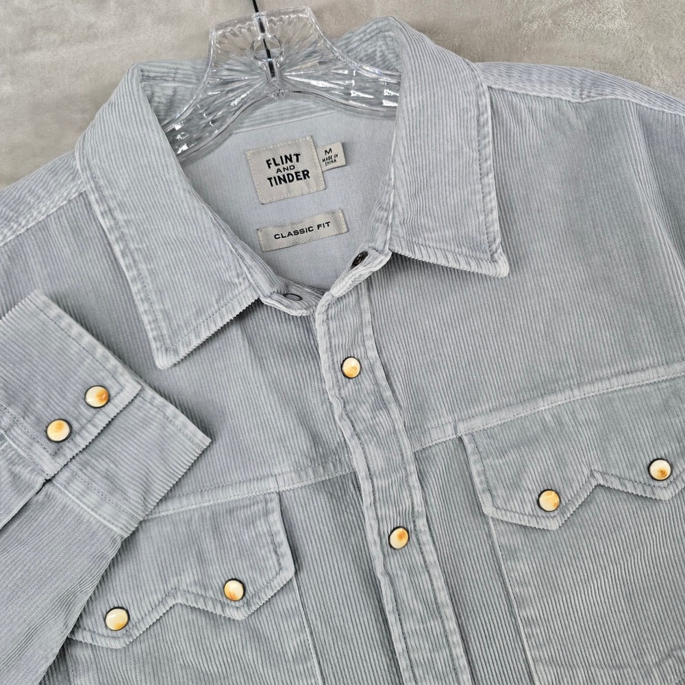 NEW Flint and Tinder Corduroy Western Shirt Mens Medium Gray Pearl Snap